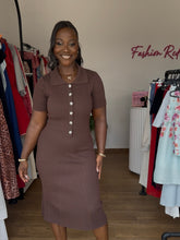 Load image into Gallery viewer, Brown ribbed button down knit midi dress
