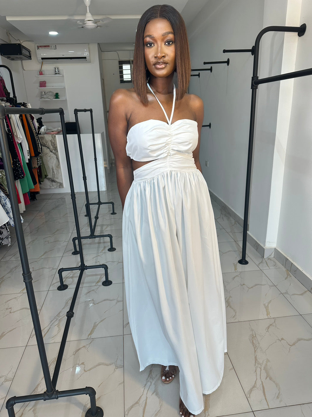 White cut out open back maxi dress