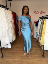 Load image into Gallery viewer, Blue satin midi cowl neck back dress
