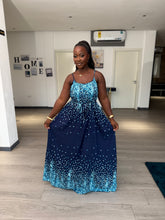 Load image into Gallery viewer, Blue pattern maxi belted sleeveless dress
