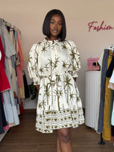 Load image into Gallery viewer, Green and white belted puff sleeves mini belted shirt dress
