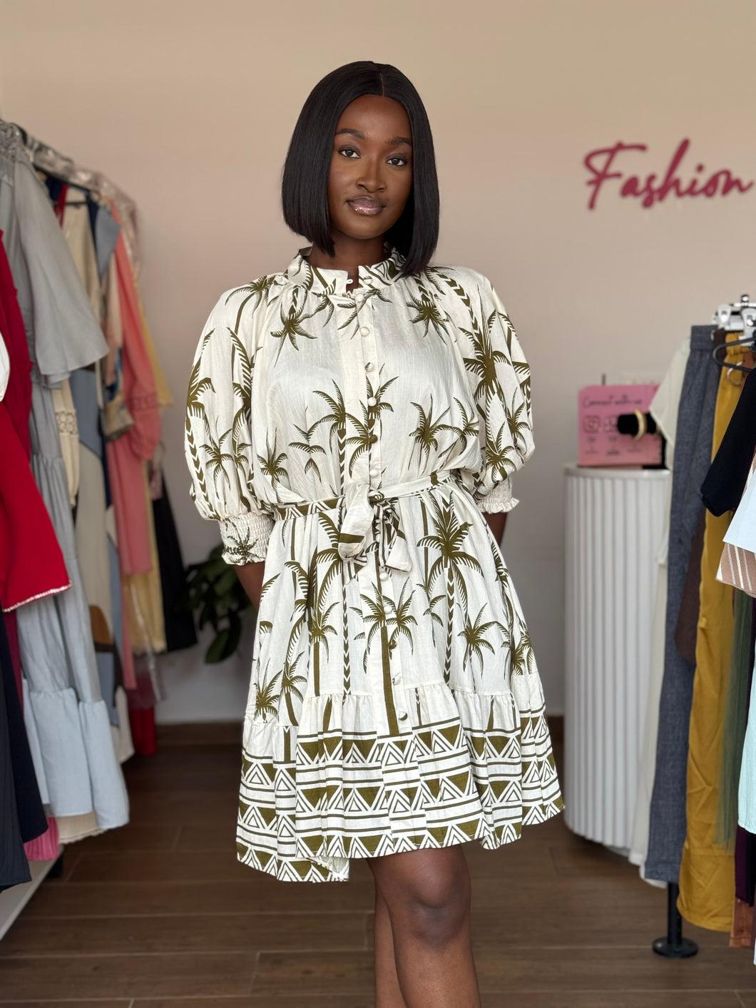 Green and white belted puff sleeves mini belted shirt dress