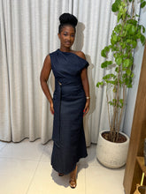 Load image into Gallery viewer, Blue Denim gold detail maxi off shoulder dress
