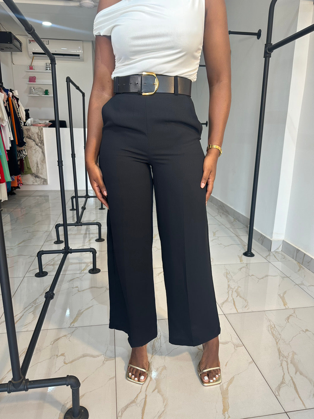 Black belted trousers