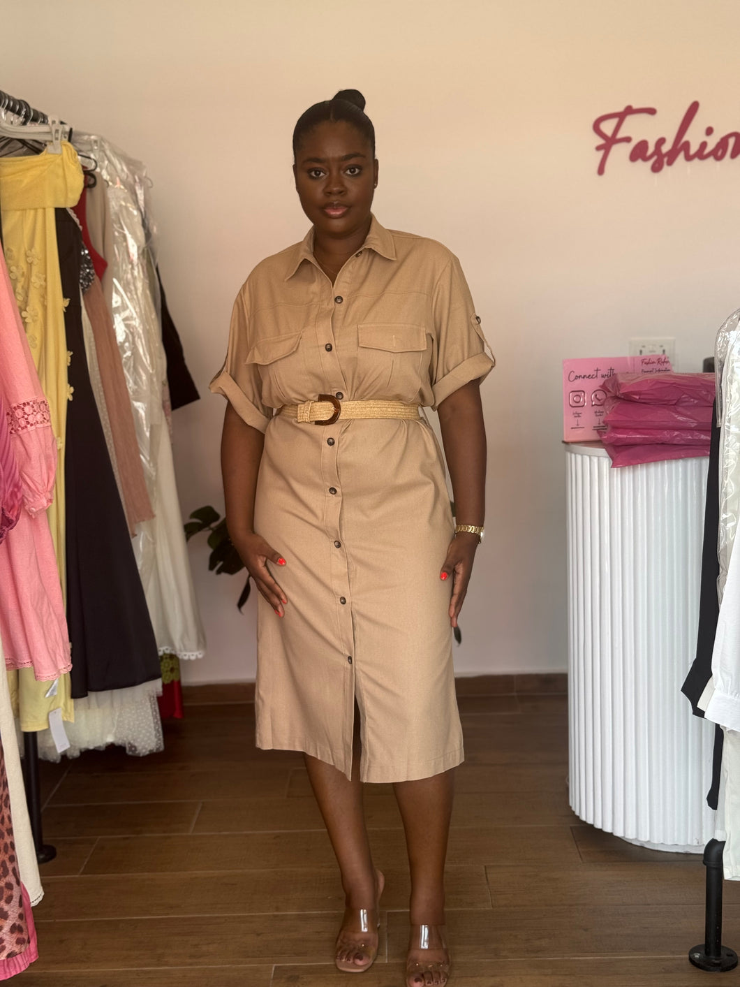 Brown belted shirt dress