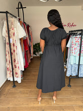 Load image into Gallery viewer, Black puff sleeves midi tie waist dress
