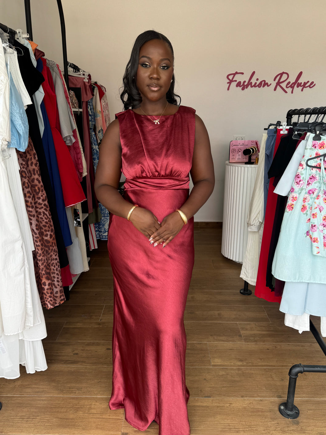 Brown maxi open back satin maxi dress