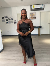 Load image into Gallery viewer, Black satin lace detail midi dress
