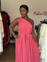 Load image into Gallery viewer, Pink one arm pleated midi belted dress
