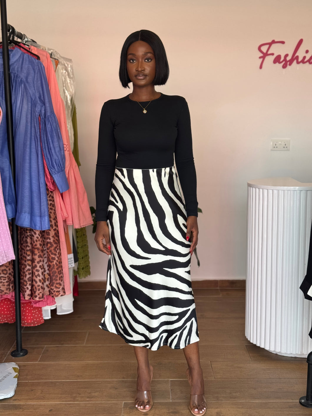 Black and white satin pattern skirt