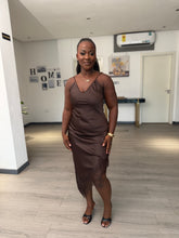 Load image into Gallery viewer, Brown satin lace detail midi dress
