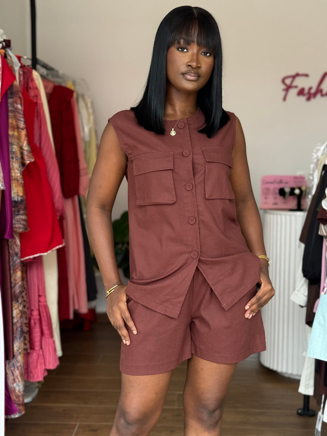 Brown soft linen two piece