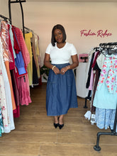 Load image into Gallery viewer, Blue denim side pocket maxi skirt
