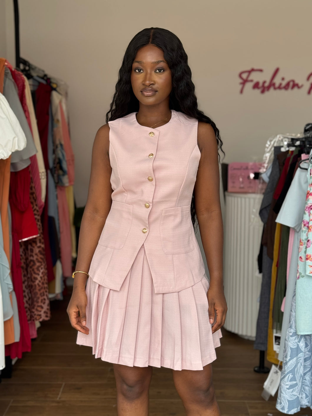 Pink tweed mini skirt two piece