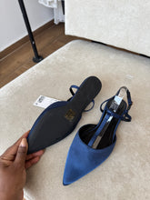 Load image into Gallery viewer, Blue satin pointed flat shoes
