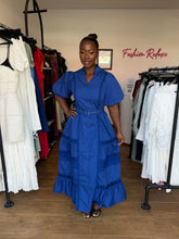 Load image into Gallery viewer, Blue puff sleeves belted dress
