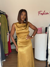 Load image into Gallery viewer, Mustard satin open back midi dress
