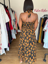 Load image into Gallery viewer, Mustard and black open back midi flair dress
