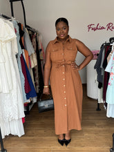 Load image into Gallery viewer, Deep brown belted midi dress
