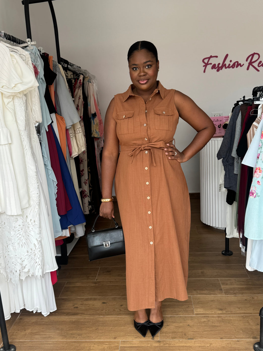 Deep brown belted midi dress