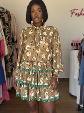 Load image into Gallery viewer, Green and brown floral long sleeves midi dress
