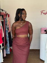 Load image into Gallery viewer, Brown linen midi cut out one arm dress
