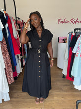 Load image into Gallery viewer, Black gold detail midi shirt dress
