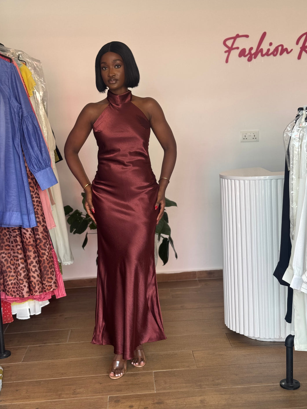 Brown halter neck maxi open back dress
