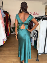 Load image into Gallery viewer, Green satin midi open back dress
