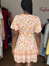Load image into Gallery viewer, Orange and white floral belted mini wrap dress
