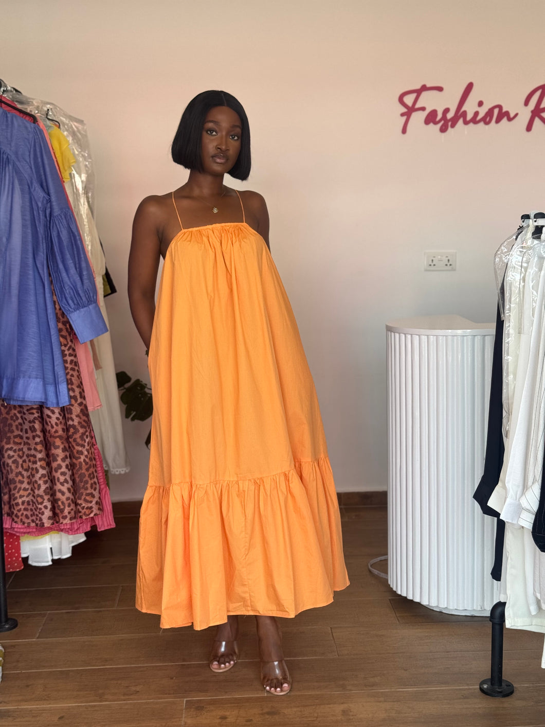 Orange open back maxi flair dress