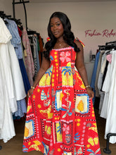 Load image into Gallery viewer, Red and yellow pattern tie up maxi dress
