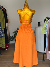 Load image into Gallery viewer, Orange linen tie back maxi dress
