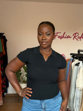Load image into Gallery viewer, Black ribbed stretchy polo top
