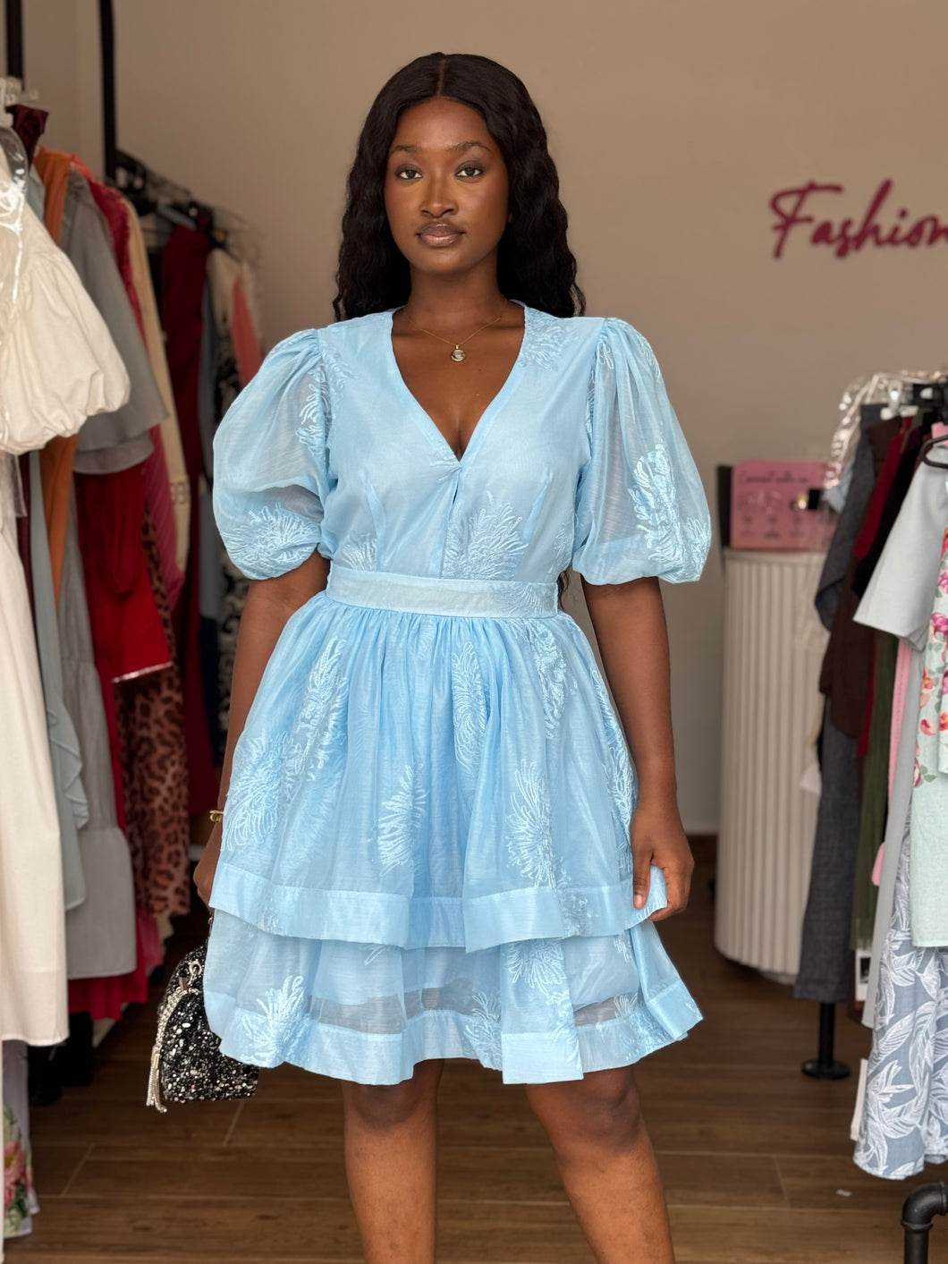 Blue puff sleeves midi belted dress