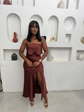 Load image into Gallery viewer, Brown sleeveless satin midi thigh slit dress
