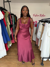 Load image into Gallery viewer, Purple satin maxi cowl neck dress
