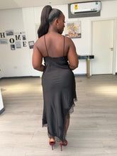 Load image into Gallery viewer, Black satin lace detail midi dress
