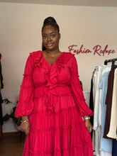 Load image into Gallery viewer, Red long sleeves maxi frill dress
