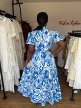 Load image into Gallery viewer, Blue and cream floral maxi puff sleeves belted dress
