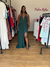 Load image into Gallery viewer, Green chiffon maxi open back front slit dress
