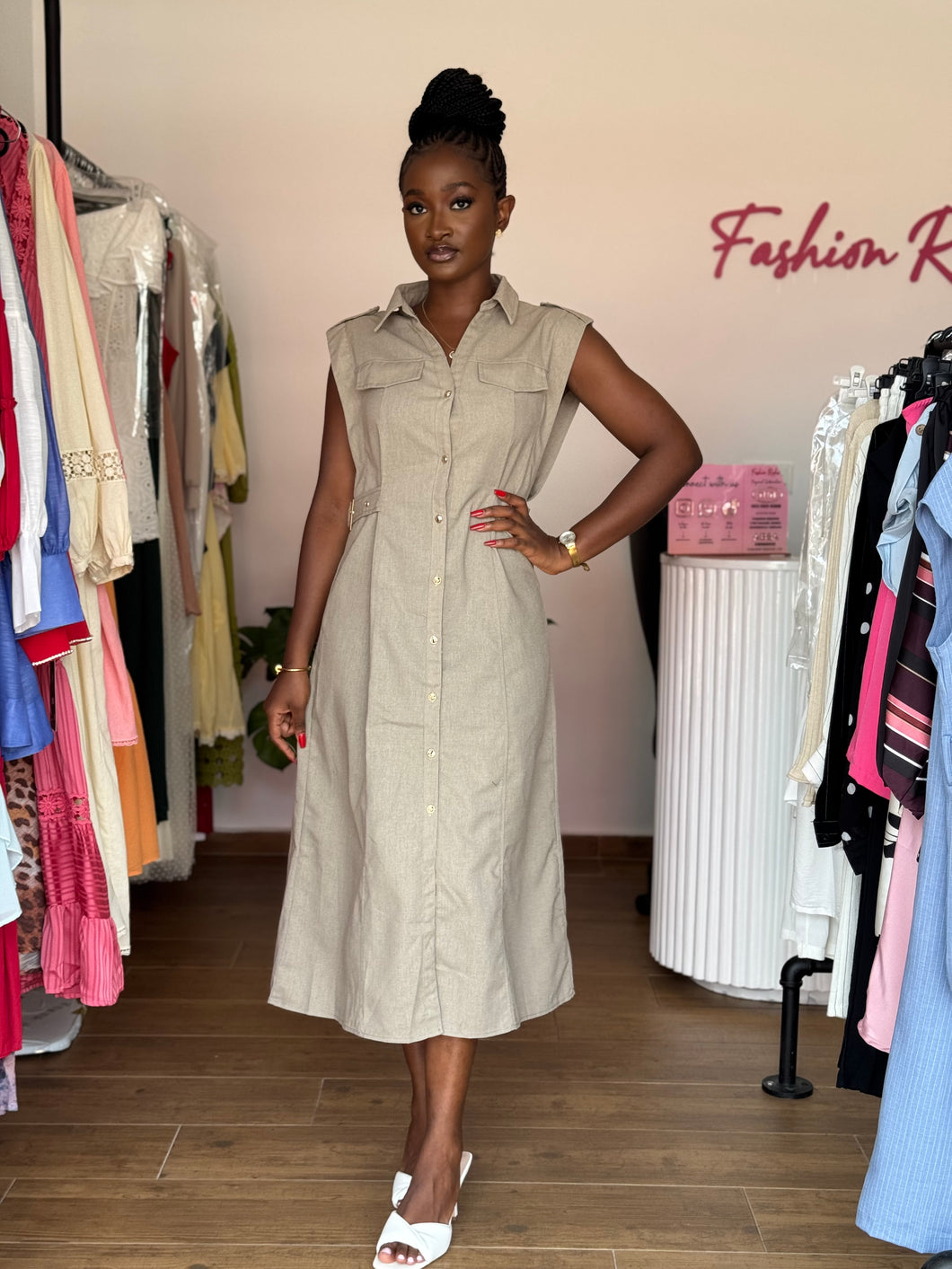 Olive soft linen midi dress
