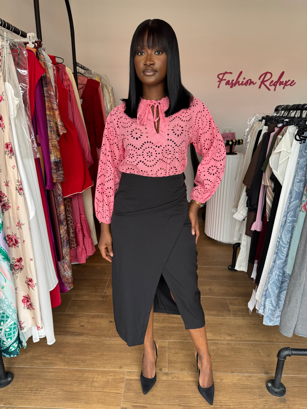 Black wrap corporate midi skirt