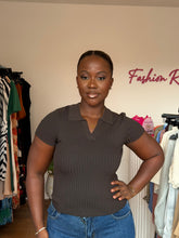 Load image into Gallery viewer, Brown ribbed polo top
