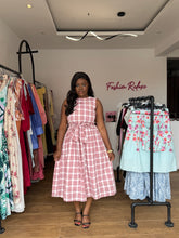 Load image into Gallery viewer, Red and white square belted midi flair dress
