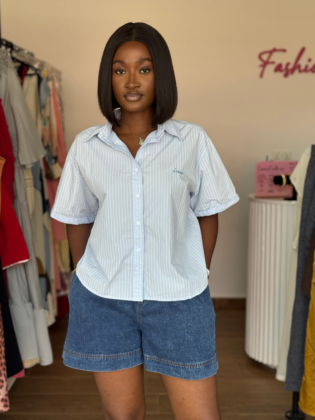Blue and white striped shortsleeves shirt