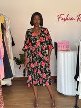 Load image into Gallery viewer, Red floral midi belted pleated dress
