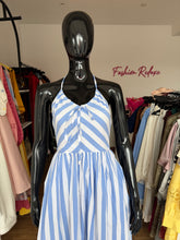 Load image into Gallery viewer, Blue and white striped open back maxi flair dress
