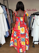 Load image into Gallery viewer, Red and yellow pattern tie up maxi dress
