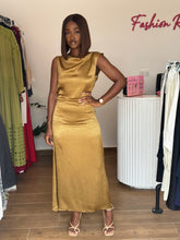 Load image into Gallery viewer, Mustard satin open back midi dress
